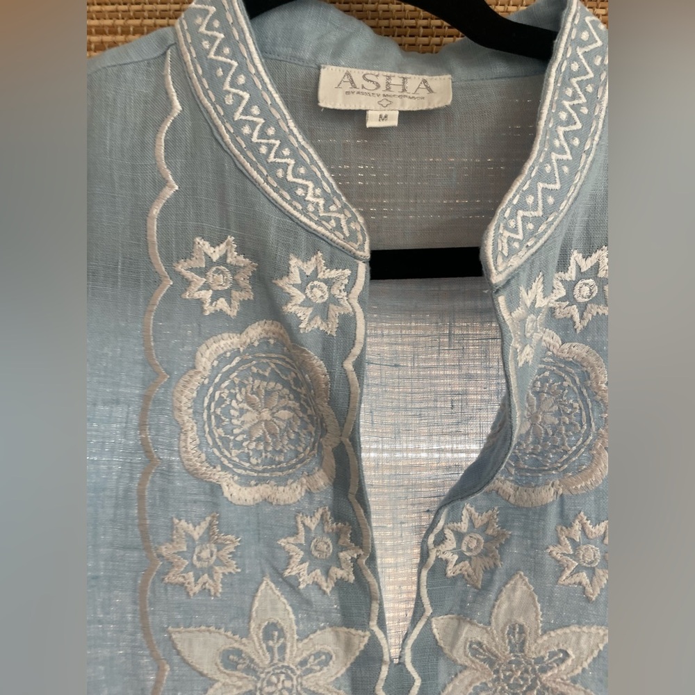 ASHA Ashley McCormick Light Blue Embroidered Linen Minnie Dress Medium - Picture 4 of 6